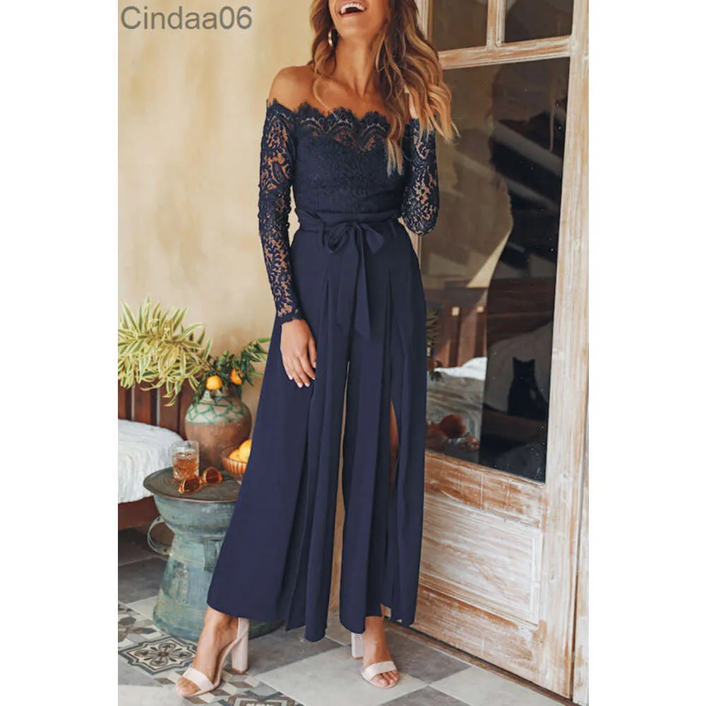 Retail Women's Fall Clothes Jumpsuit Hög midjeband Löst av axeln ihålig jumpsuits Sexig bodycon bodysuit rompers för kvinnliga kläder