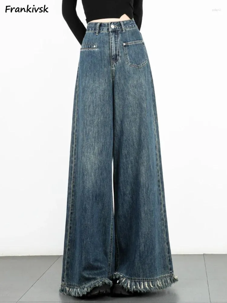 Jeans da donna svasati da donna larghi sfilacciati stile giapponese retrò denim lavato vintage a vita alta moda solido asimmetrico estate semplice