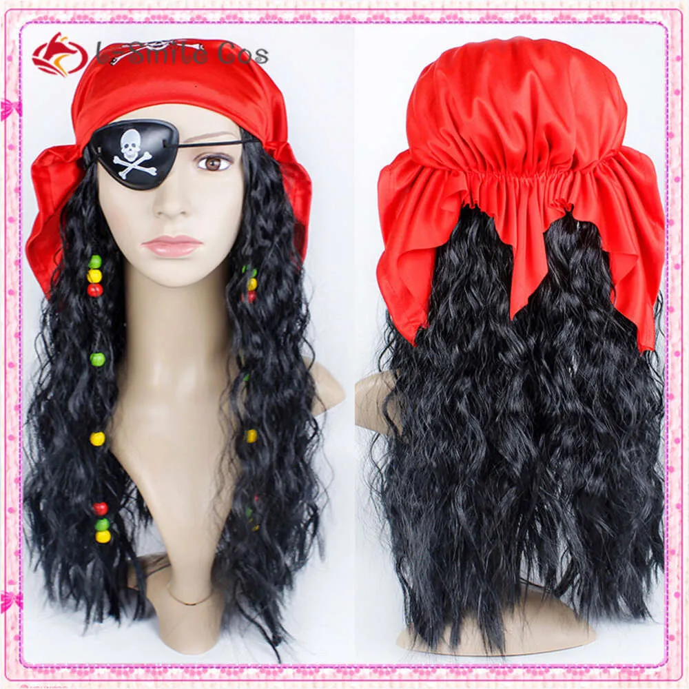 Costumi Catsuit Halloween per uomo Capitano pirata Jack Sparrow Parrucche Sciarpa Patch Visiera Pirati dei Caraibi Cosplay + Cappellino per parrucca