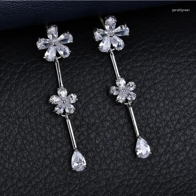 Stud Earrings Exquisite Two Flower Zircon Fringed Long