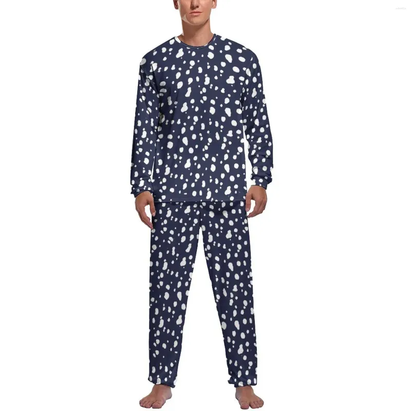 Vêtements de nuit pour hommes Pyjamas imprimés dalmates Automne 2 pièces Bleu et blanc Kawaii Pyjama Ensembles Homme Manches longues Casual Graphique