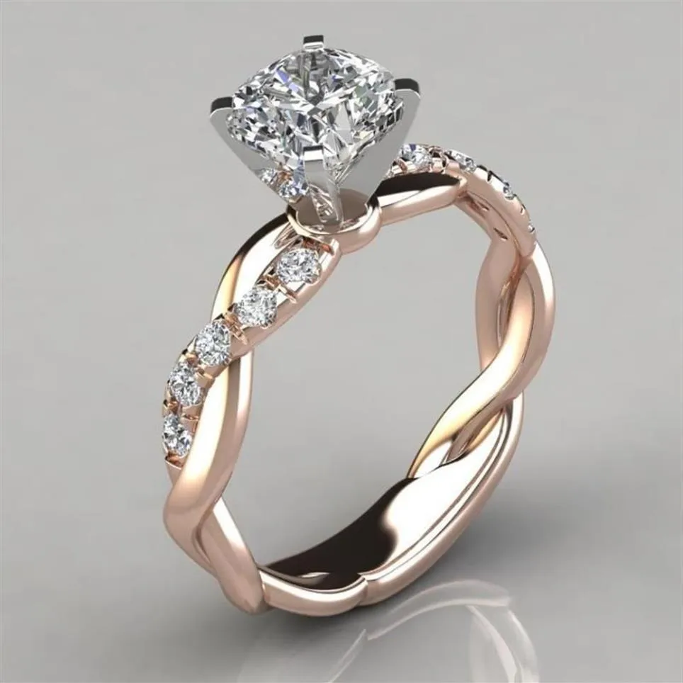 Fedi nuziali Anello in argento 925 Anello in oro rosa 18 carati con diamante quadrato Design semplice femminile Doppia pila Gioielli di moda Accessorio da sposa305z