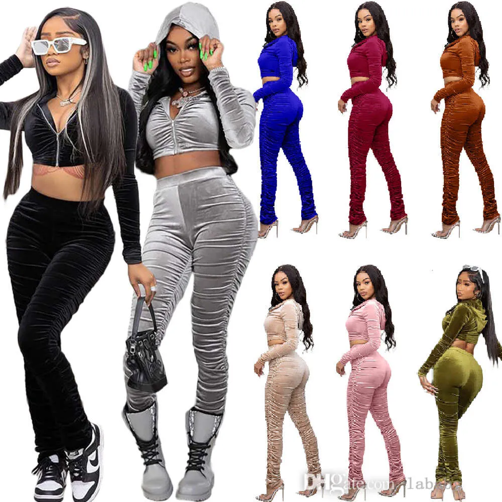 Tracksuit Women Sportswear Sweatsuit 2023 Fall Velvet Two Piece Set Solid Color Long Sleeve Zipper Hooed Crop Top And Wrinkle Stacked Pants Sports 2PCS Suit