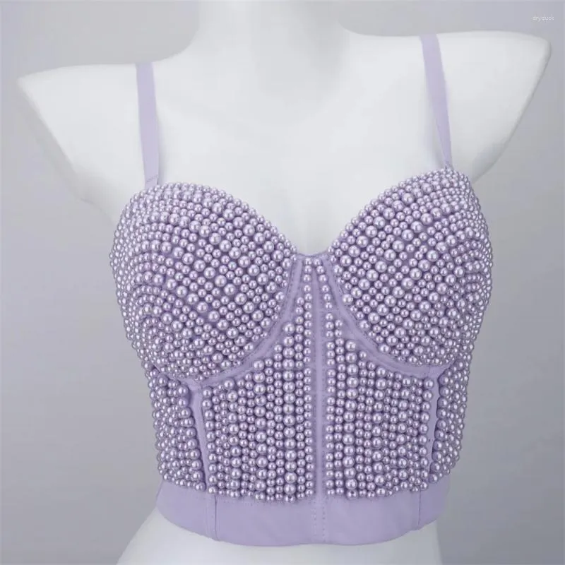 Tanks Femmes Femmes Été Sexy Col V Designer Pearl Dancer Costume Party Discothèque Soirée Beach Camis Vest Crop Top Light Green Violet