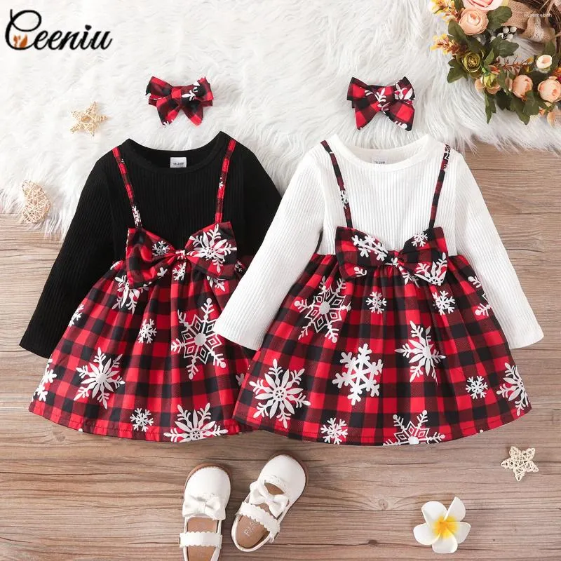 Sukienki dla dziewczynek ceeniu 0-6y sukienka świąteczna fuax 2pcs Big Bowknot Snowflake Plaid na rok ubrania dla dzieci