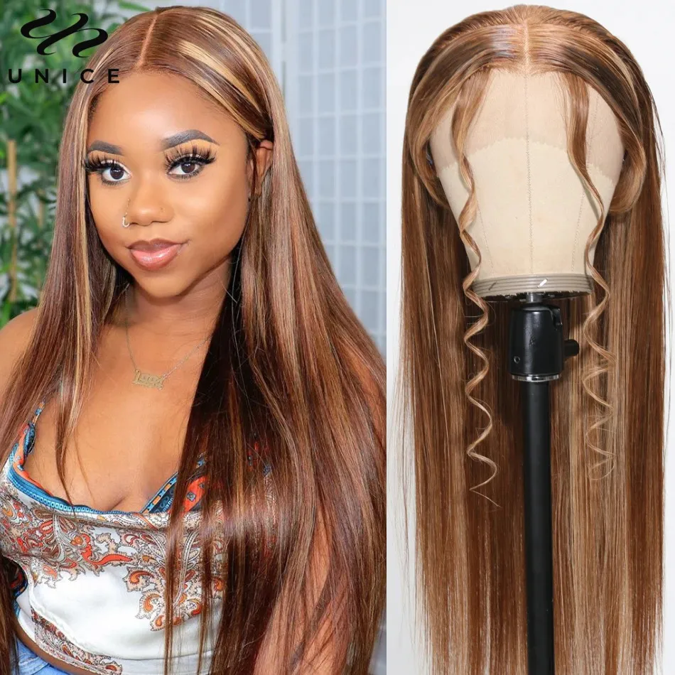 Синтетические парики UNIce Hair Highlight Wig 13x4 Lace Front Human Brown Honey Blonde Прямой фронтальный Весна Лето 231027