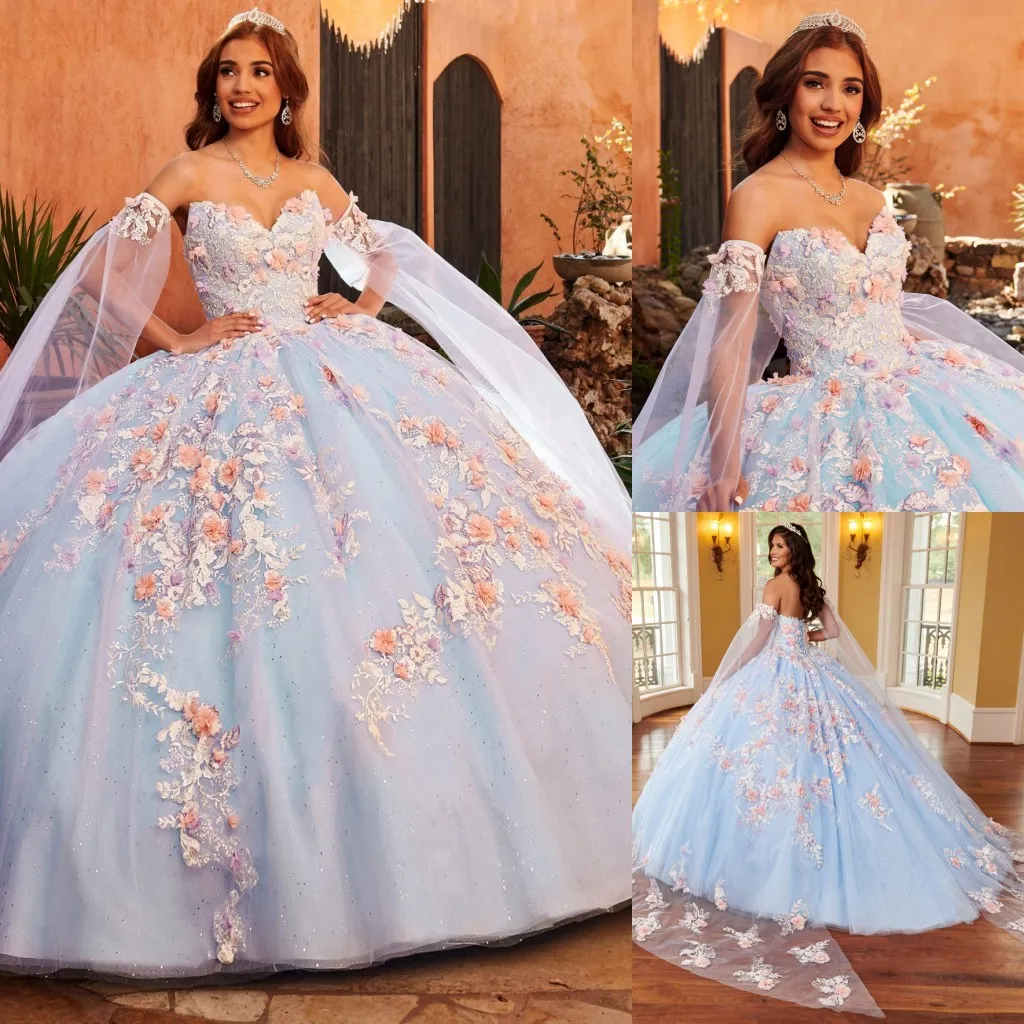 Удивительное бальное платье Кружевные платья Quinceanera Платья для выпускного вечера с блестками и длинными рукавами V-образным вырезом из тюля 3D Аппликация Sweet 15 Маскарадное платье