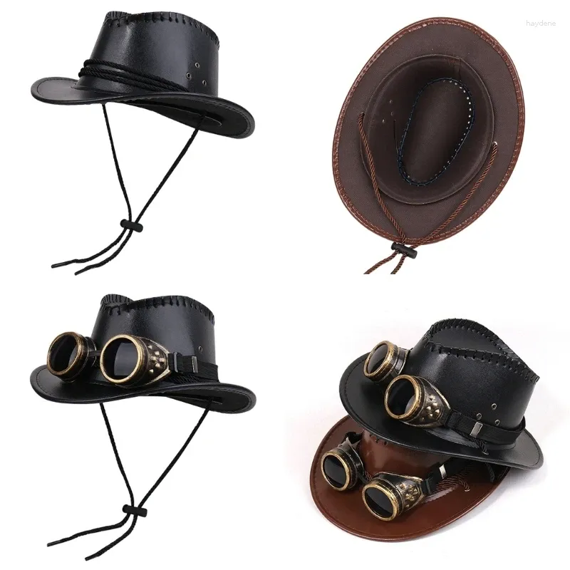 Bérets Punk Style Pu Cowboy Chapeau pour adulte grand bord décontracté à l'épreuve avec lunettes de décorchin sangle