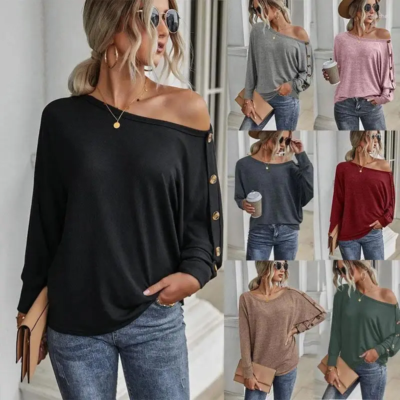 Vrouwen T-shirts Vrouw T-shirts Lente/Zomer Mode Knoppen Lange Mouw Off Schouder Effen Kleur Top T-shirt drop Myh151