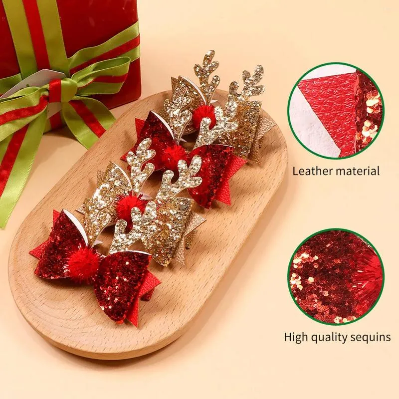 Accessoires de cheveux Coiffe de Noël Paillettes Paillettes Mignon Clip de bois pour enfants Filles Elk Bow Épingle à cheveux avec boule Femmes Noël Chapeaux Cadeaux