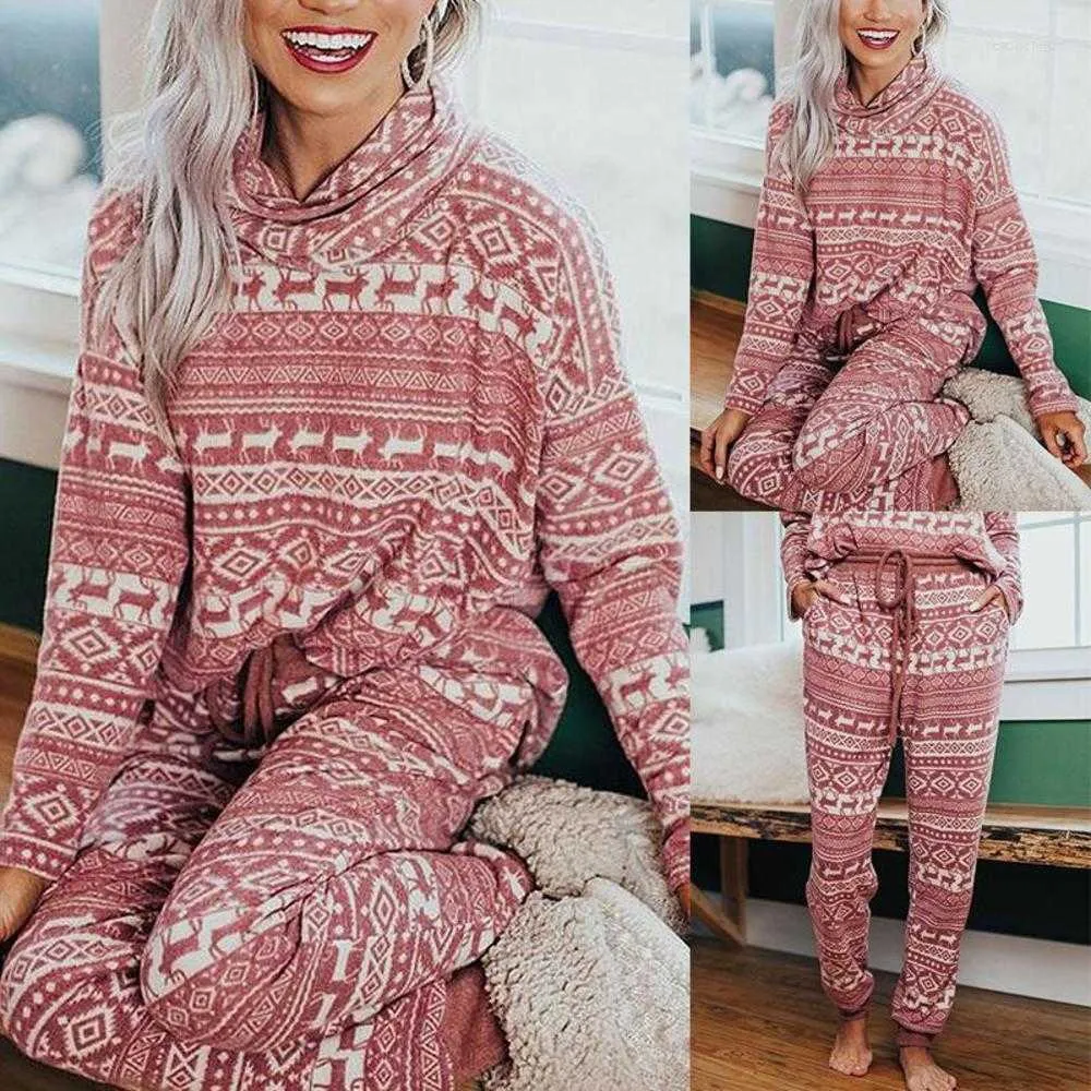 Home Clothing Women's Two Piece Pants Christmas Winter Warm Pajama Sets Snow Deer Print Long Sleeve Turtleneck Tee Shirt Tops High Waist Loose Causal Home1MFO