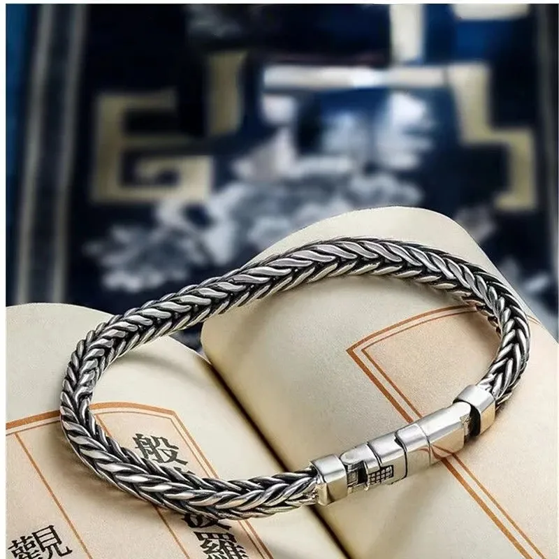 Łańcuch S925 Sterling Srebrny retro tajski srebrny prosty wiatr ręcznie tkany bransoletka wszechstronna bransoletka Trend Trend Ręka Biezła biżuterii 231027
