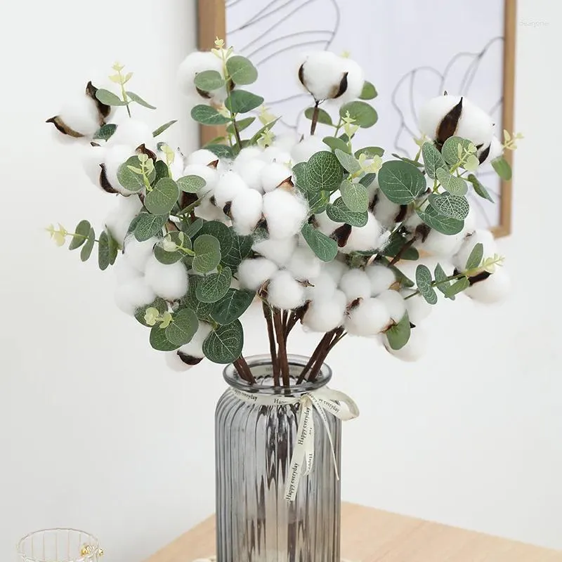 Decorative Flowers 3pcs Cotton Stems 4 Heads Eucalyptus Leaves Per Stem Floral For Fall Home Farmhouse Decor