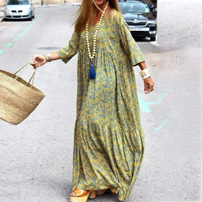 Abiti casual Abito bohémien primavera autunno per donna Y2K INS vestiti manica lunga scollo a V sciolto stampa Boho vacanza