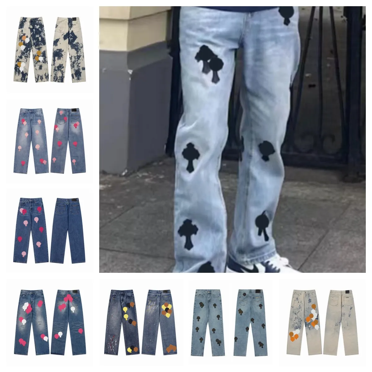 Nuovi designer Jeans da uomo Designer Crea vecchi pantaloni dritti cromati lavati Lettere a cuore Stampe a cuori lunghi Jeans viola