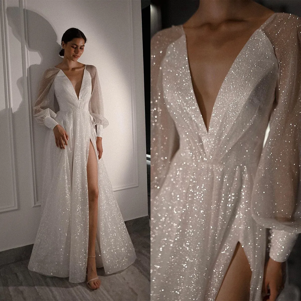 Robe de mariée ligne A scintillante, col en V, paillettes, manches longues, fente latérale haute, Robe de mariée modeste, sur mesure