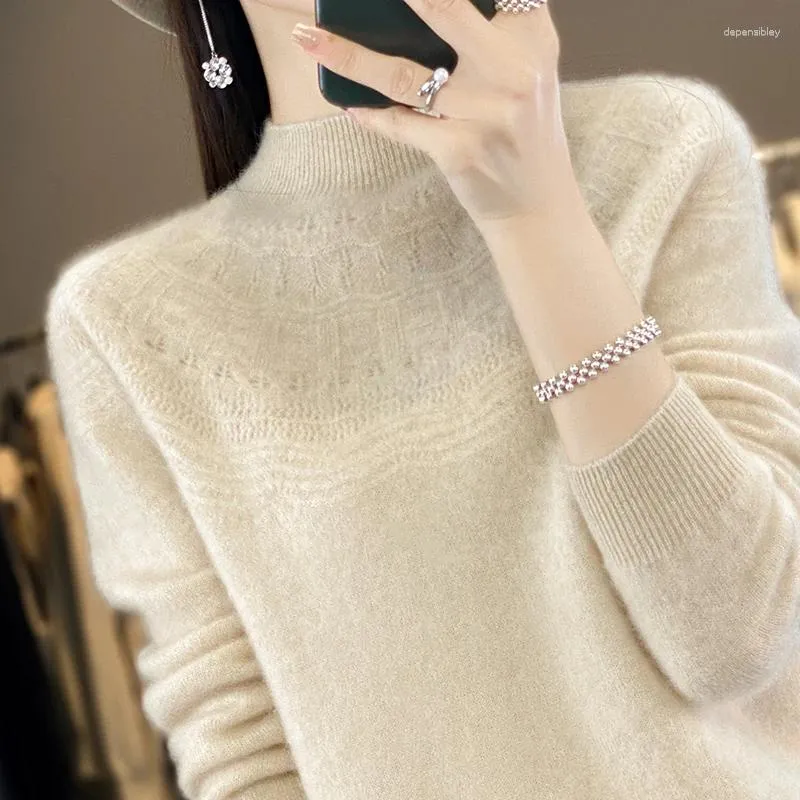 Women's Sweaters Arrival Women S 100 Cashmere Sweater For Fall Winter 2023 Half Turtleneck Jacquard Hollow Out Pullover Knitwear Wool