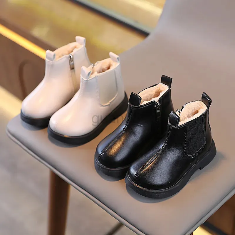 Botlar Okul Öncesi Chelsea Boots Kış Peluş Peluş Siyah Bej Çocuk Kısa Botları Fermuar Esnek 22-31 Moda Unisex Boys 've Kız Ayakkabıları 231027