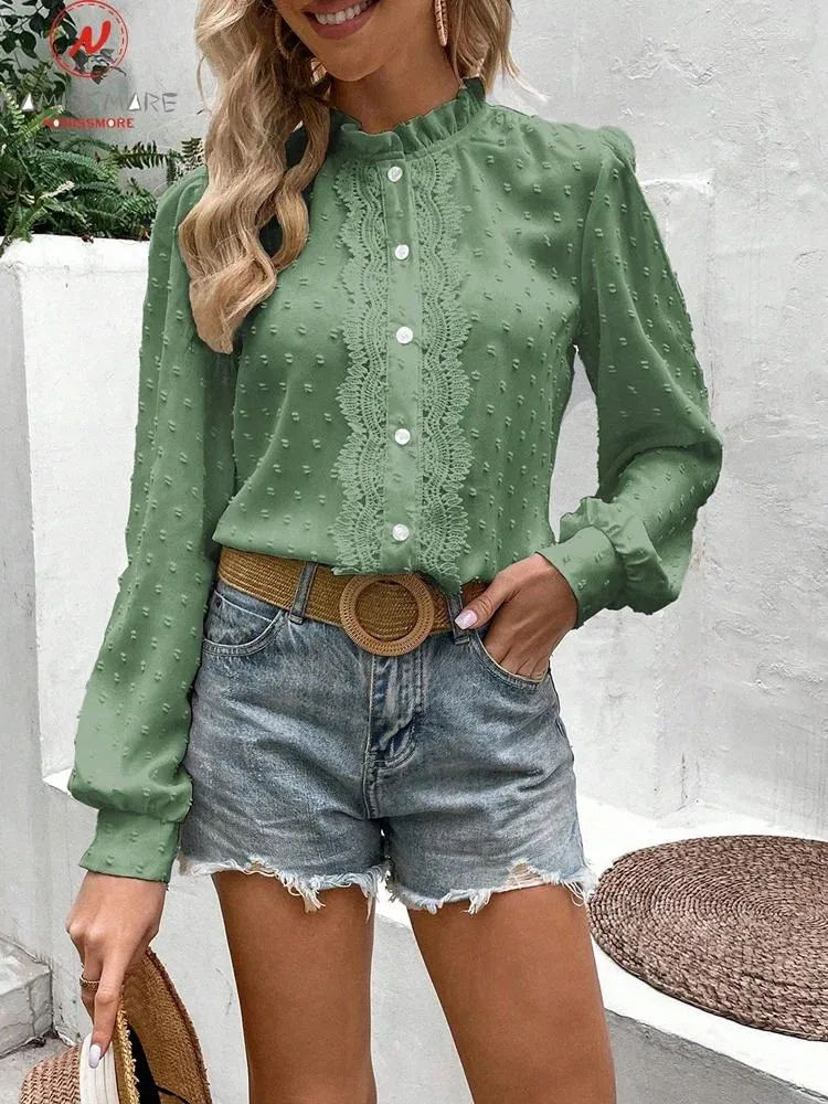 Blusas de mujer Camisas de jacquard de color sólido para mujer Diseño de un solo pecho Decoración de encaje Cuello alto Puff Manga larga Otoño Cárdigan suelto Top