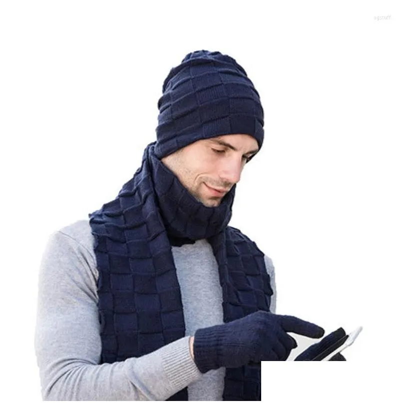 Hats Scarves Gloves Sets Hats European And American Fashion Knitting Three-Piece Suit Pure Color Warm Sleeve Head Wool Hat Scarf Dhutj