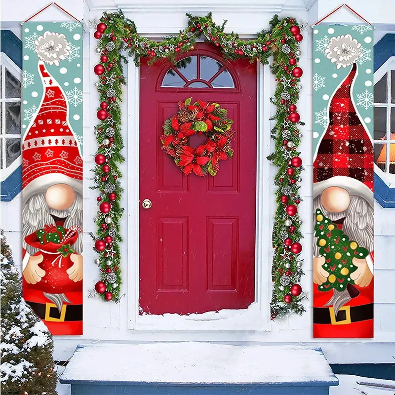 Decorações de Natal Decorações de porta de varanda frontal de Natal Sinal de banner Gnomos sem rosto Feliz Natal Feliz Ano Banners Decoração de suspensão de varanda 231027