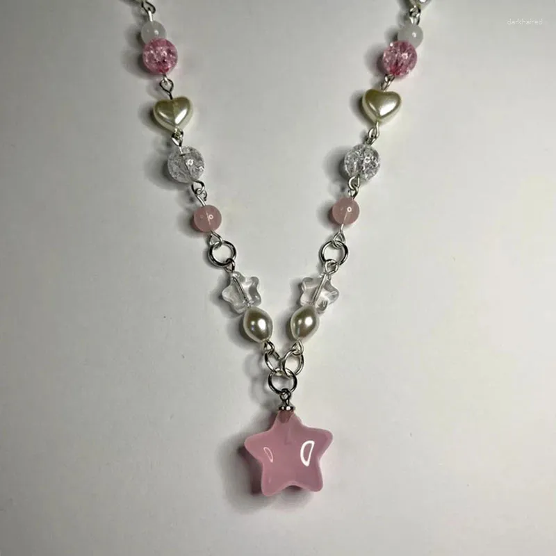 Catene Collana con ciondoli con perline e stelle rosa, gioielli estetici carini Y2k