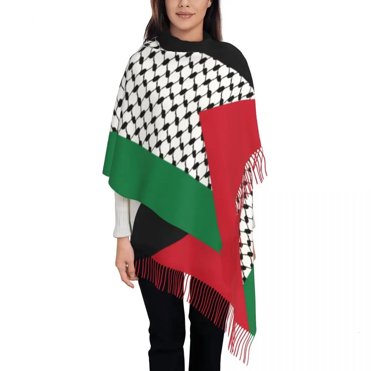 Halsdukar palestina flagga halsduk wrap för kvinnor lång vinter varm tofs sjal unisex palestinian hatta kufiya keffiyeh mönster 231027