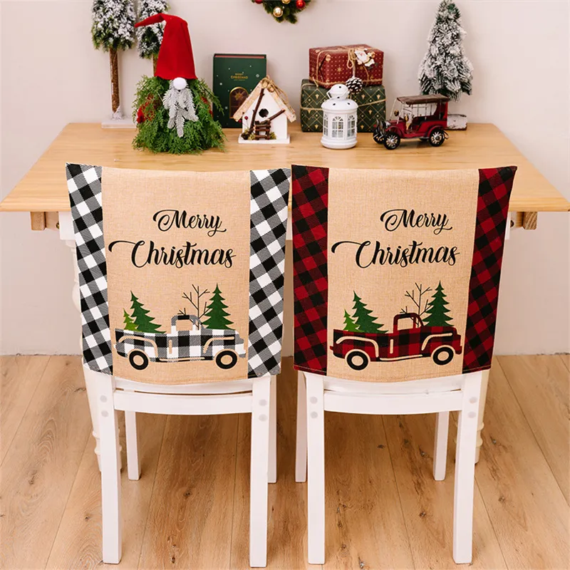 Housse de chaise de noël unie, housse de chaise avec impression de lettres de voiture, couvre-dos de chaises joyeux noël, décoration de la maison, nouvel an