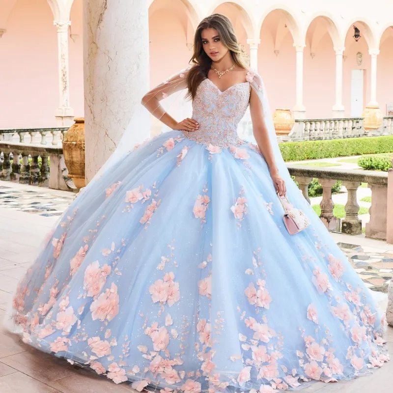 Sky Mavi Balo Eşyası Quinceanera Elbiseler Vestidos de 15 Anos Partisi Dantel Boncuklar Pembe 3dflower Külkedisi 16 Doğum Günü Prenses Elbise