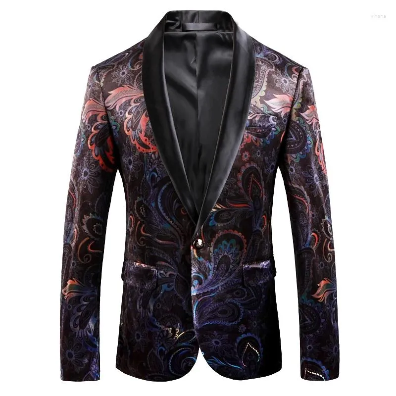 Men's Suits Quality Gold Velvet Fabric Suit Jacket Fashion Designer Floral Print Blazer Mens Business Banquet Prom Formal S-5XL