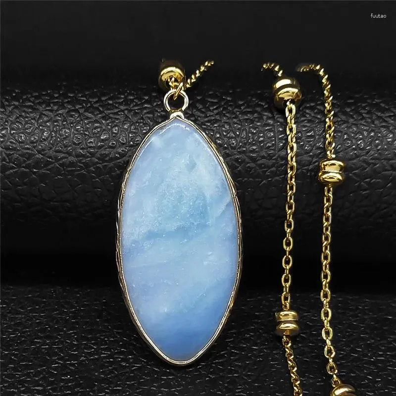 Pendant Necklaces Boho Blue Natural Stone Crystal Necklace Women Stainless Steel Chain Reiki Healing Balancing Maxi Jewelry Gift NB14S04