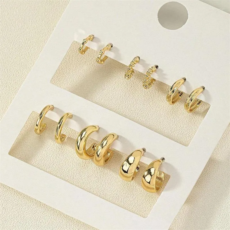 Hoop Earrings 6Pcs/set Simple Vintage Hollow Design Gold Silver Color Metal Thread Texture Statement For Women Girls