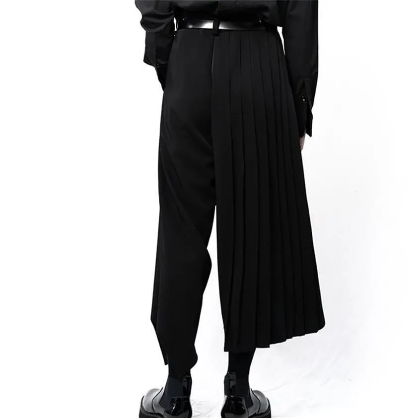 Мужские брюки, повседневные брюки в стиле Ямамото, широкие брюки-кюлоты с неравномерной асимметричной структурой, темные суперсвободные брюки205E