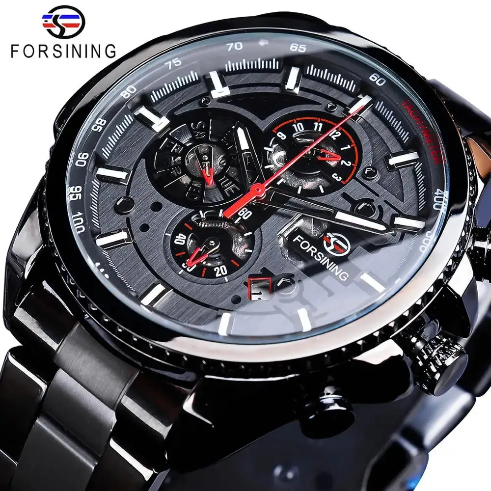 Montres-bracelets Forsining Trois Cadran Calendrier En Acier Inoxydable Hommes Mécanique Automatique Montres Top Marque De Luxe Militaire Sport Mâle Horloge 231027