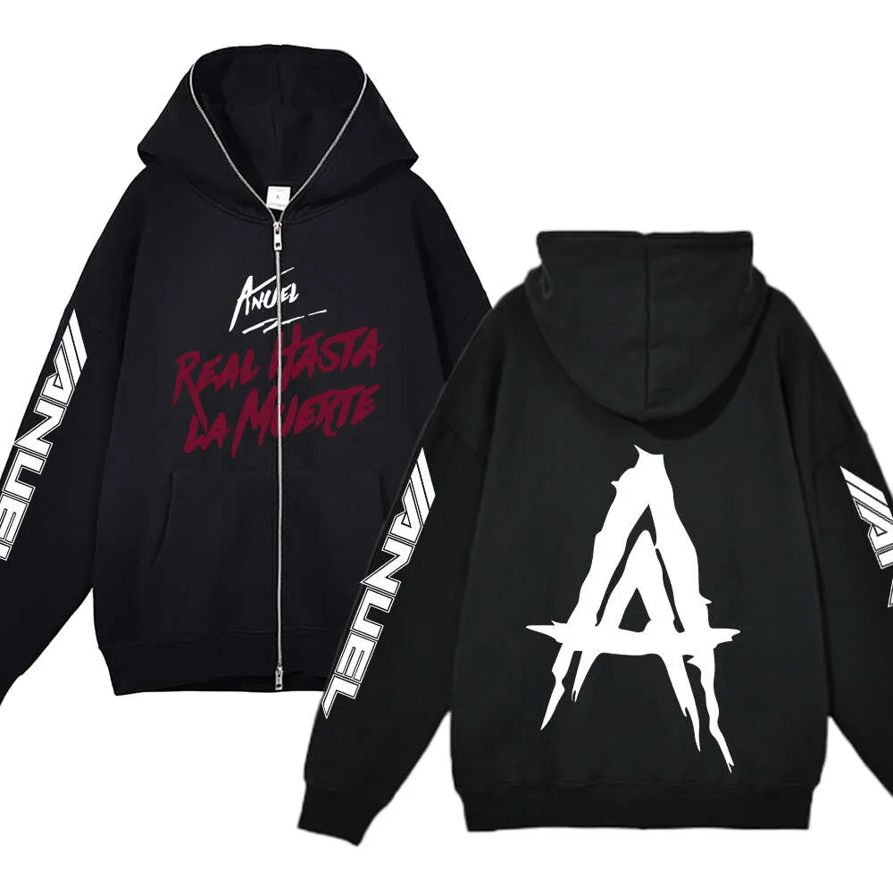 Anuel AA Real Hasta La Muerte Sweat à capuche à fermeture éclair complète Hip Hop Streetwear Sweat-shirt ample décontracté à fermeture éclair Veste surdimensionnée Y K Vêtements