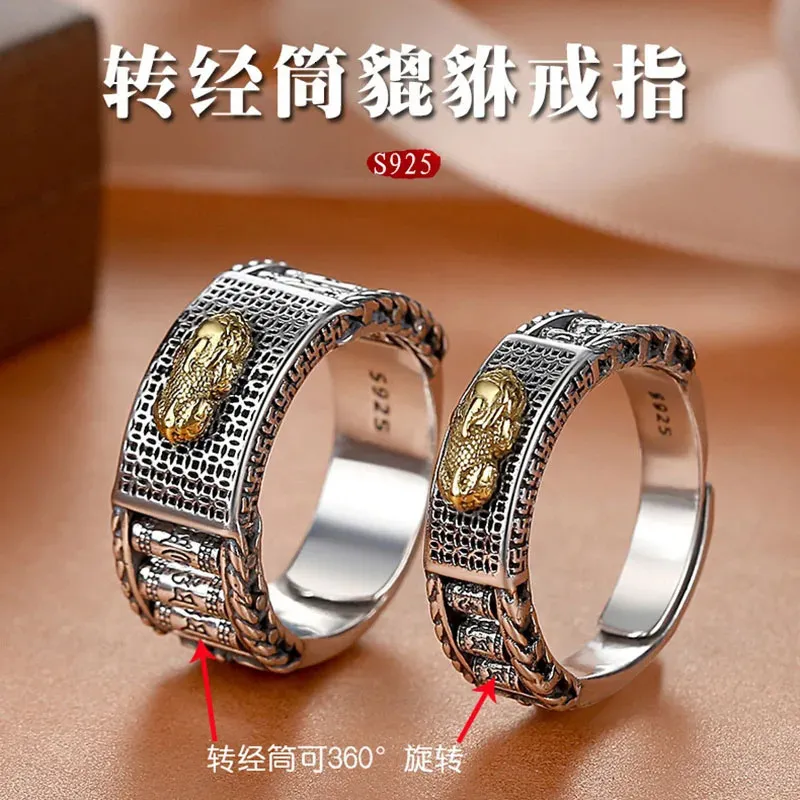 Anneaux de mariage Rétro S925 argent Sterling chanceux Pixiu transfert anneaux couleur dominateur Couple personnalité anneau cadeau bijoux accessoires 231027