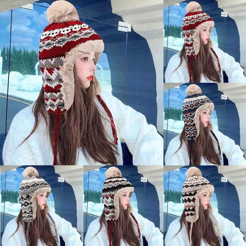 Rowerowe czapki lady kapelusz jesienne zimowe ciepłe ucha wiatroodporne jazda wełniana koreańska dzianina jacquard z gęstym vintage