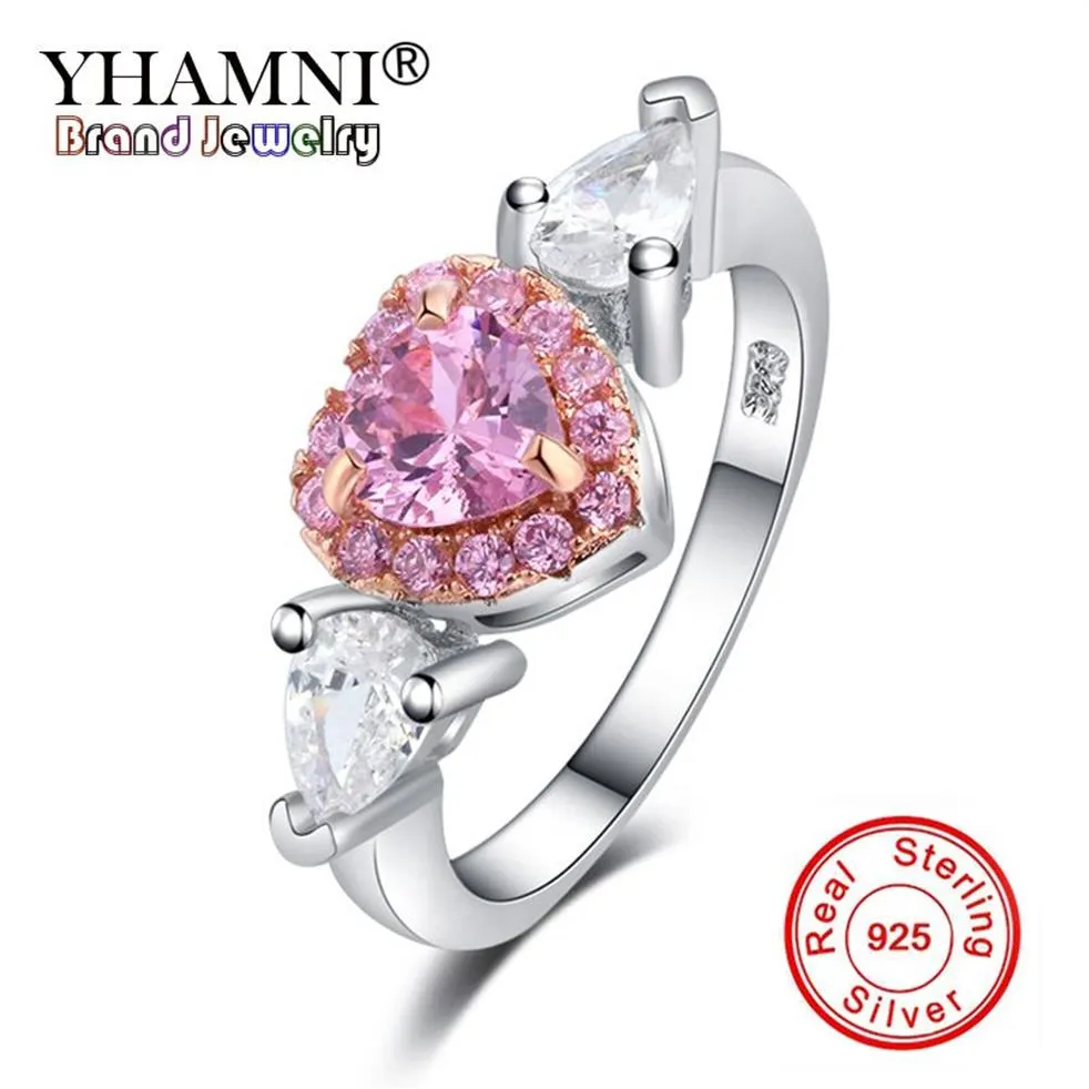 YHAMNI 100% 925 Sterling Silver Angel Wings Pink CZ Zirconia Love Heart Wedding Jewelry Rings for Women Ring Gift YRA0226227M