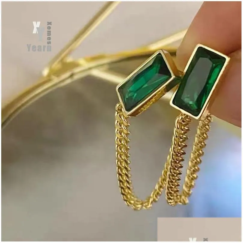 Dangle kroonluchter klassiek geometrisch rec groen kristal roestvrijstalen ketting kwast oorbellen meisjes ongebruikelijke accessoires voor Dhgarden Otfpj