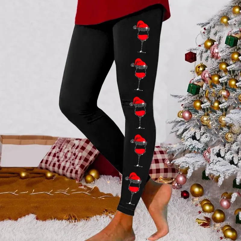 Pantalon actif femmes noël Yoga verres à vin rouge imprimer Leggings taille haute pantalon extensible sans couture collants de sport Ropa Deportiva Mujer