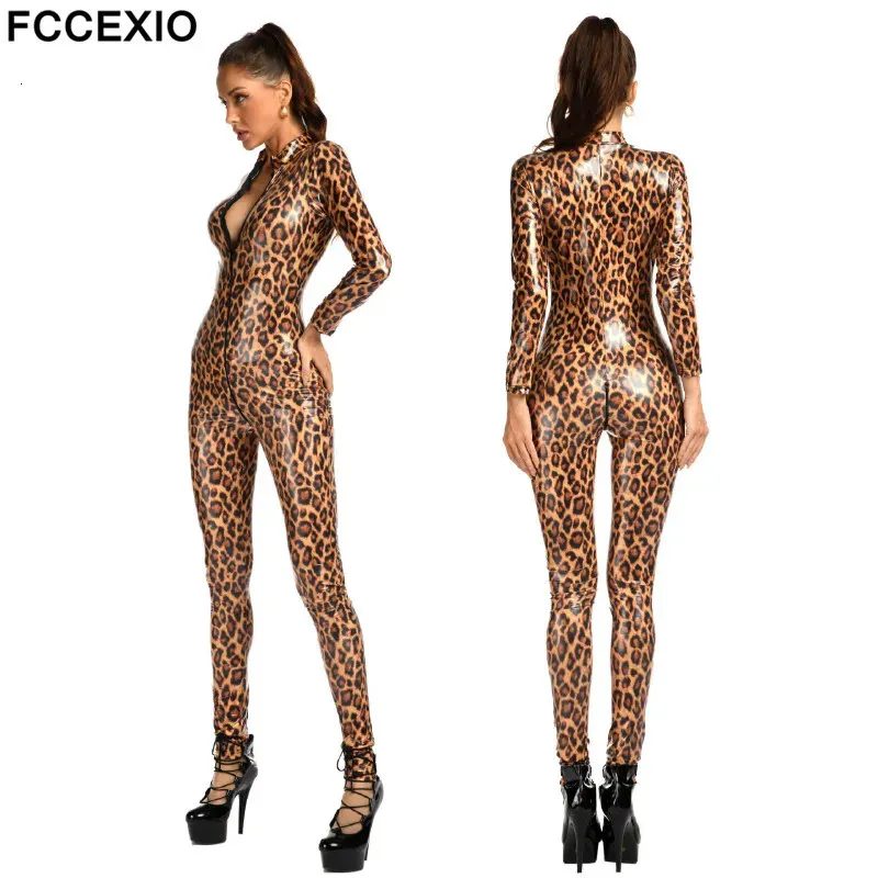 Set sexy FCCEXIO Body leopardato sexy Effetto bagnato Catsuit in ecopelle Donne erotiche Cerniera con apertura sul cavallo Tuta Padrona Costumi sessuali 231027