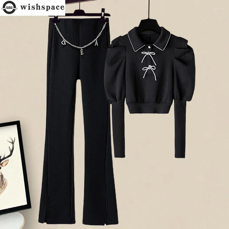 Women's Two Piece Pants 2023 Autumn Slim Pleated Bow Chiffon Shirt Coat Letter Chain Decorative Trousers Two-piece Elegant Set