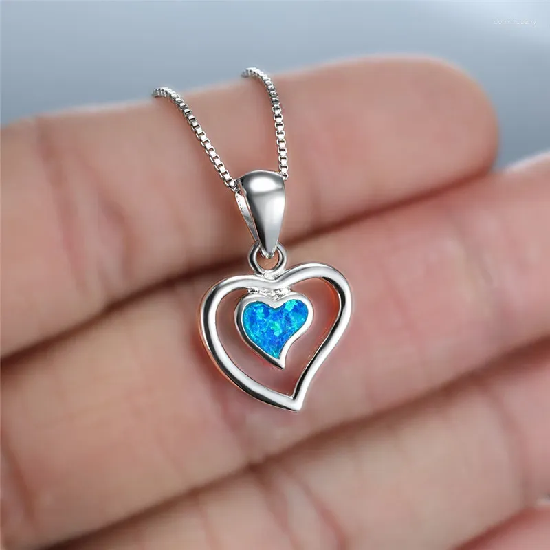 Pendants White Blue Fire Opal Cute Heart Pendant Necklaces For Women Romantic Jewelry Vintage Fashion 925 Silver Birthstone Necklace Gift