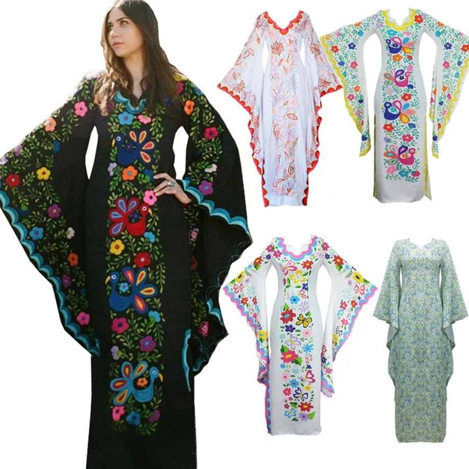 Dames Mexicaanse printjurk Boheemse maxi bloemen Vintage323I