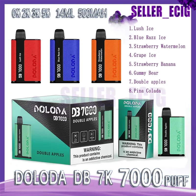 Original DOLODA DB7000 Puff Descartável Vape Pen Cigarros Eletrônicos 14ml Pod Mesh Bobina 500mAh Bateria 0% 2% 3% 5% Dispositivo Puffs 7000 Vape 8 sabores 7k