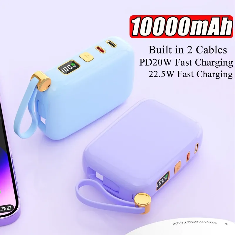 10000 mAh Mini-Powerbank mit integrierten Kabeln, 22,5 W, PD20 W, schnelles Aufladen, Powerbank für iPhone, Xiaomi, Huawei, tragbares Ladegerät