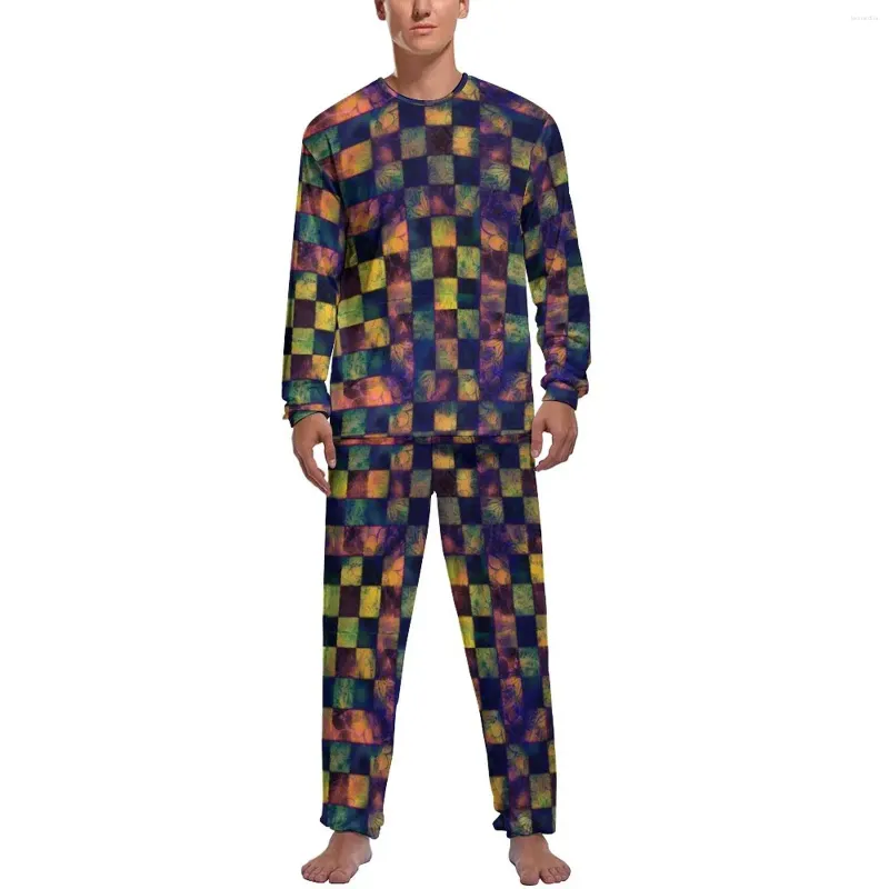 Men's Sleepwear Patchwork Print Pajamas Winter 2 Pieces Rainbow Damask Trendy Pajama Sets Men Long Sleeve Bedroom Graphic Nightwear