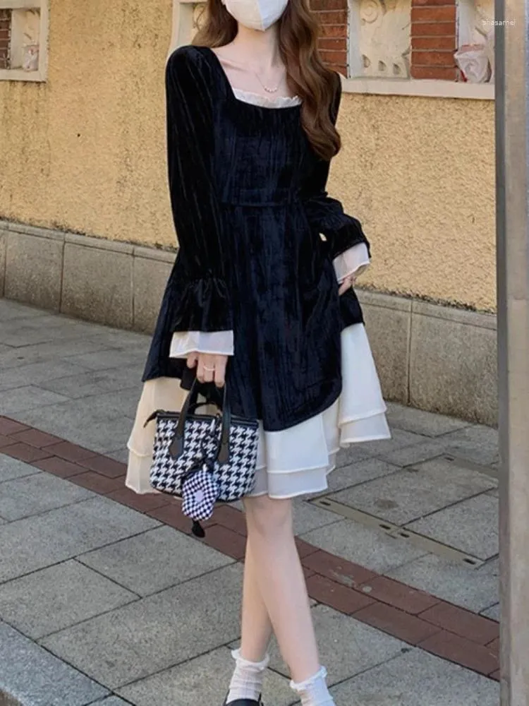 Casual Kleider Deeptown Koreanische Stil Schwarz Prinzessin Kleid Frauen Gyaru Vintage Elegante Rüschen Langarm Patchwork Midi Tuniv Winter