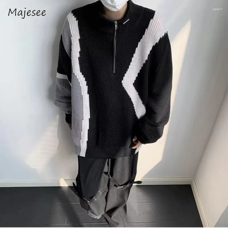 Men's Sweaters Mock Neck Men Winter Contrast Color Handsome Vitality Teenagers Windproof Leisure Streetwear European Style Daily Chic