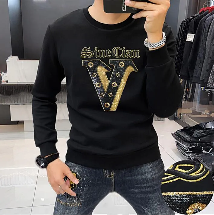 Camiseta masculina bordada de luxo de alta qualidade manga comprida gola redonda meninos lantejoulas leves V confortável marca de moda personalizada roupas masculinas de outono